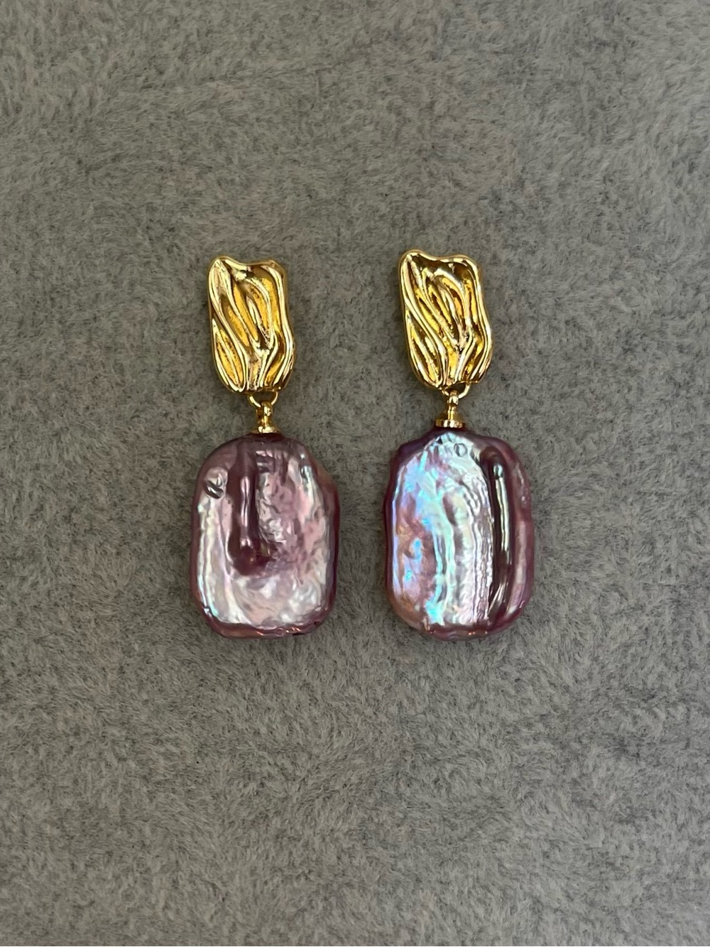 Gold and Iridescent Purple Baroque Pearl Drop Earrings - 925 silver posts